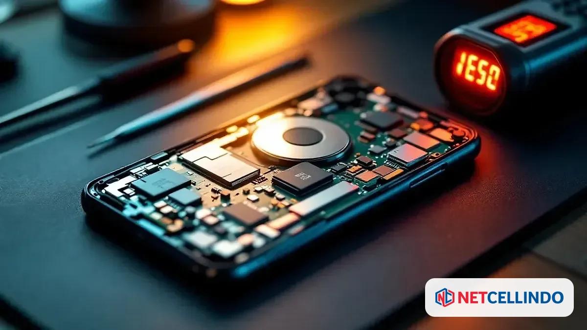 HP yang overheating sedang diperiksa teknisi NET CELLINDO untuk diagnosa penyebab panas