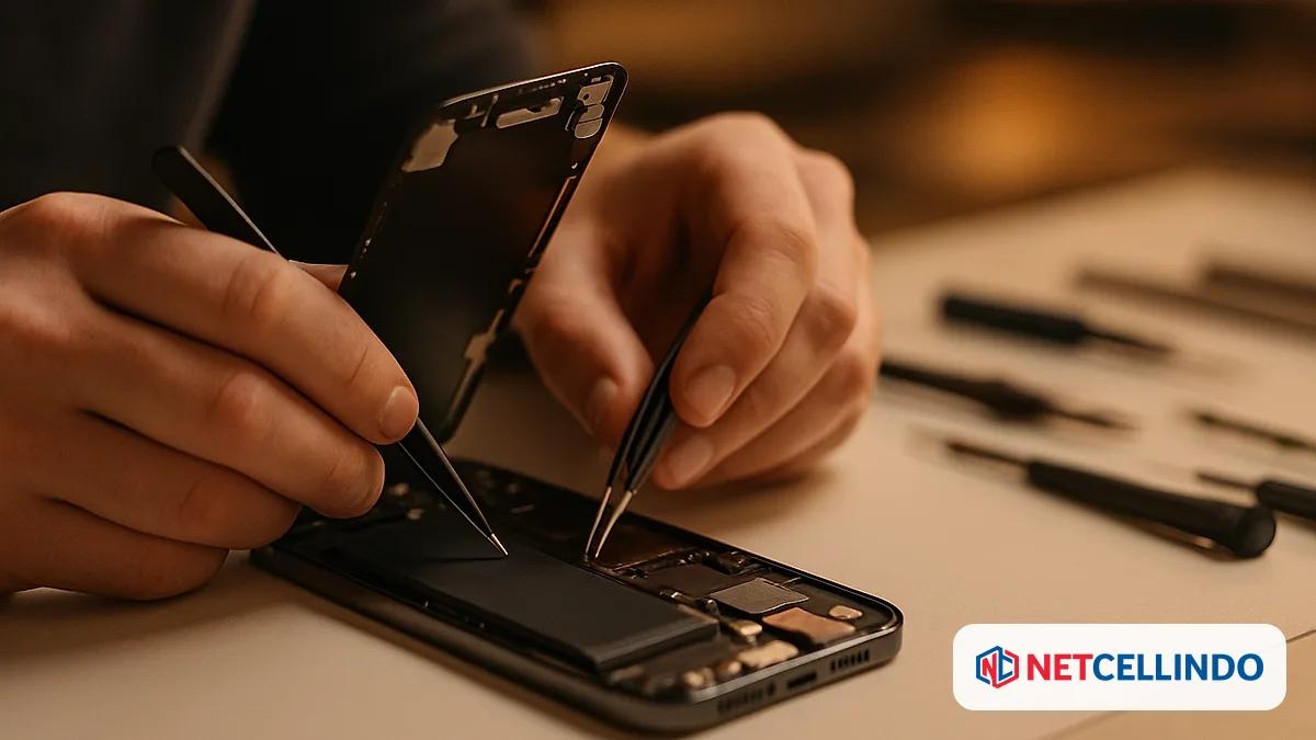 Teknisi NET CELLINDO sedang memperbaiki iPhone, panduan service iPhone yang aman dan bergaransi