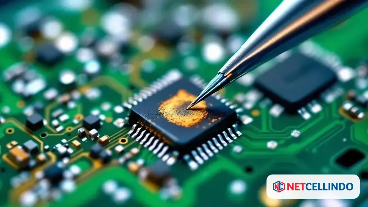 Motherboard HP dengan IC rusak di bawah mikroskop, panduan diagnosa NET CELLINDO