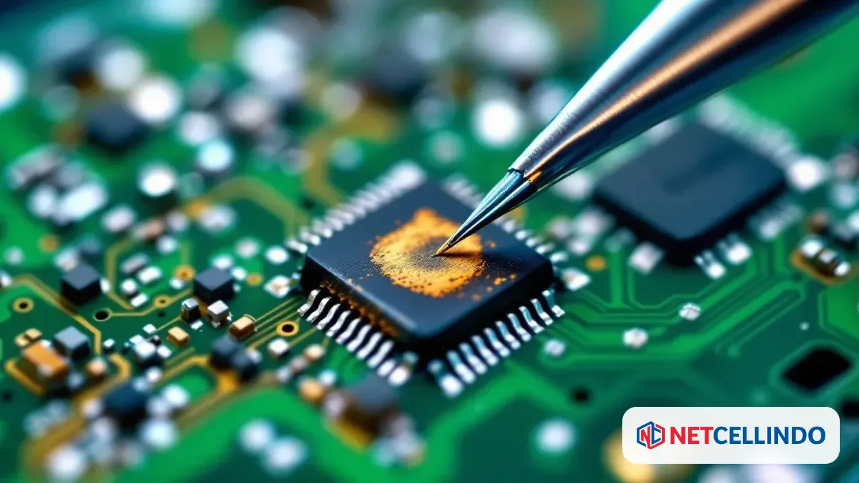 Motherboard HP dengan IC rusak di bawah mikroskop, panduan diagnosa NET CELLINDO