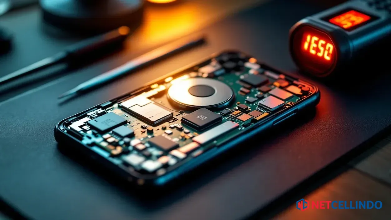 HP yang overheating sedang diperiksa teknisi NET CELLINDO untuk diagnosa penyebab panas